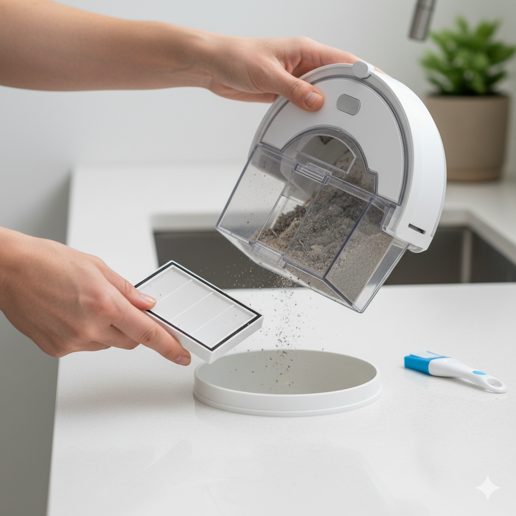 vệ sinh hộp chứa bụi và bộ lọc của robot hút bụi