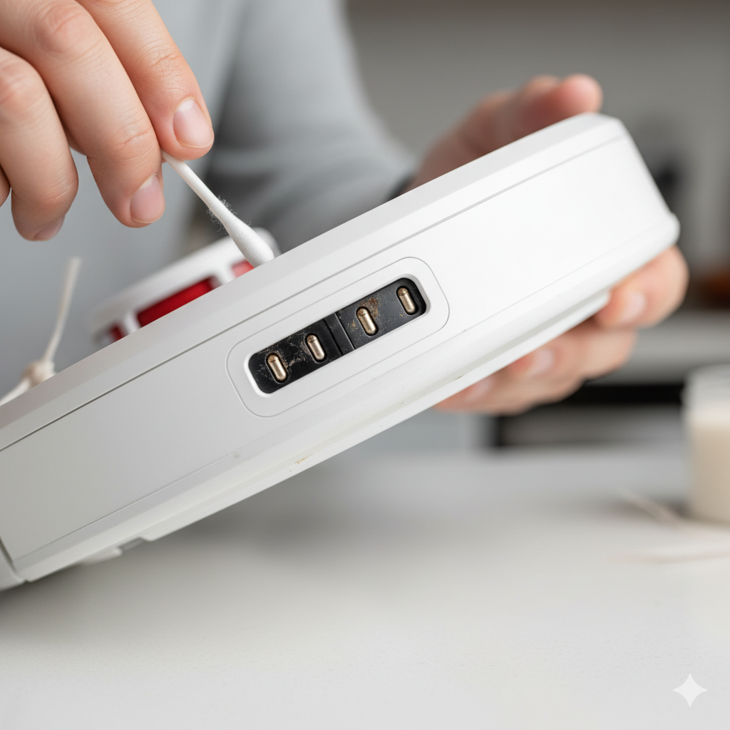 vệ sinh tiếp điểm sạc trên robot hút bụi